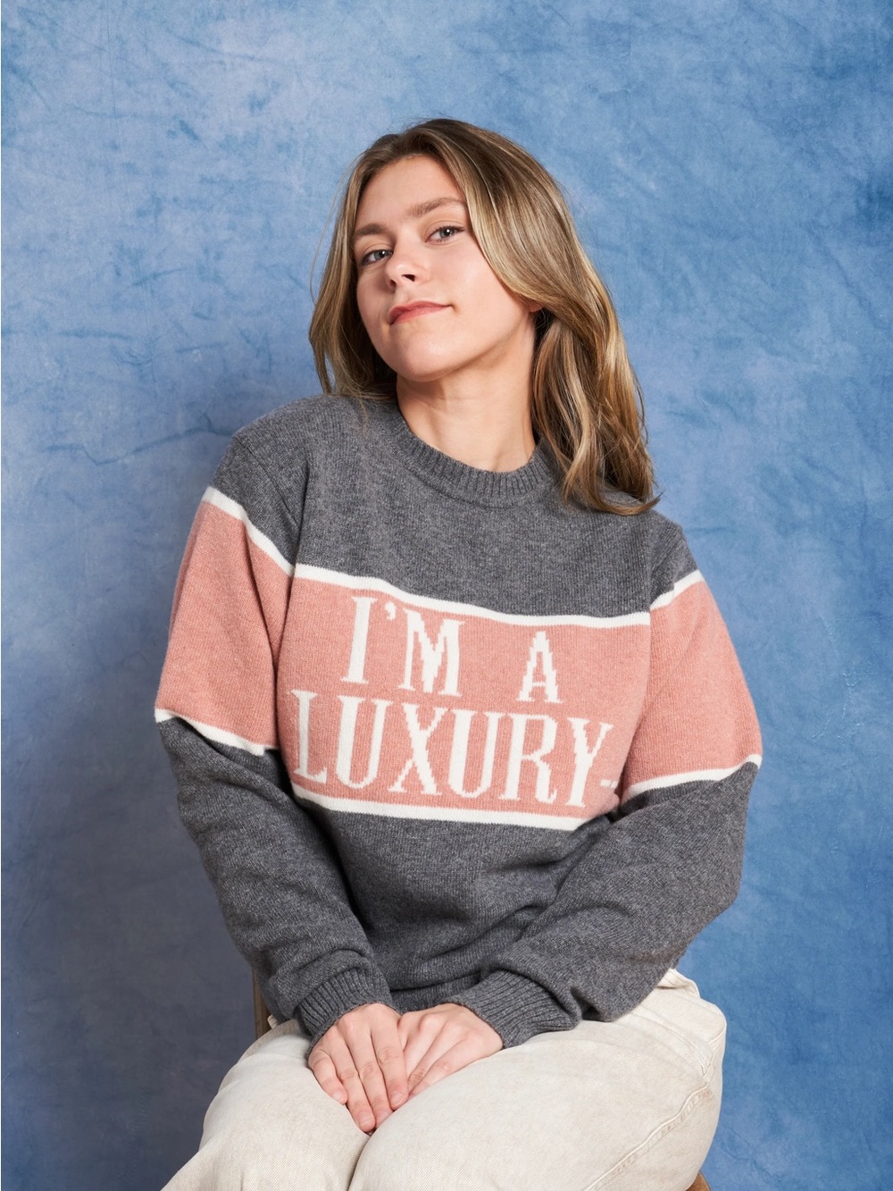 Princess Diana Relaxed Crewneck Sweater in Grey and Dusty Pink - 'I'M A LUXURY'